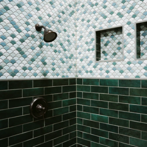 Green tile in bathroom